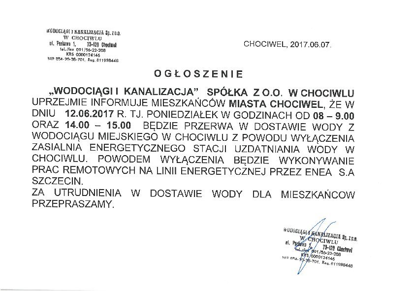 Przerwy w dostawach wody