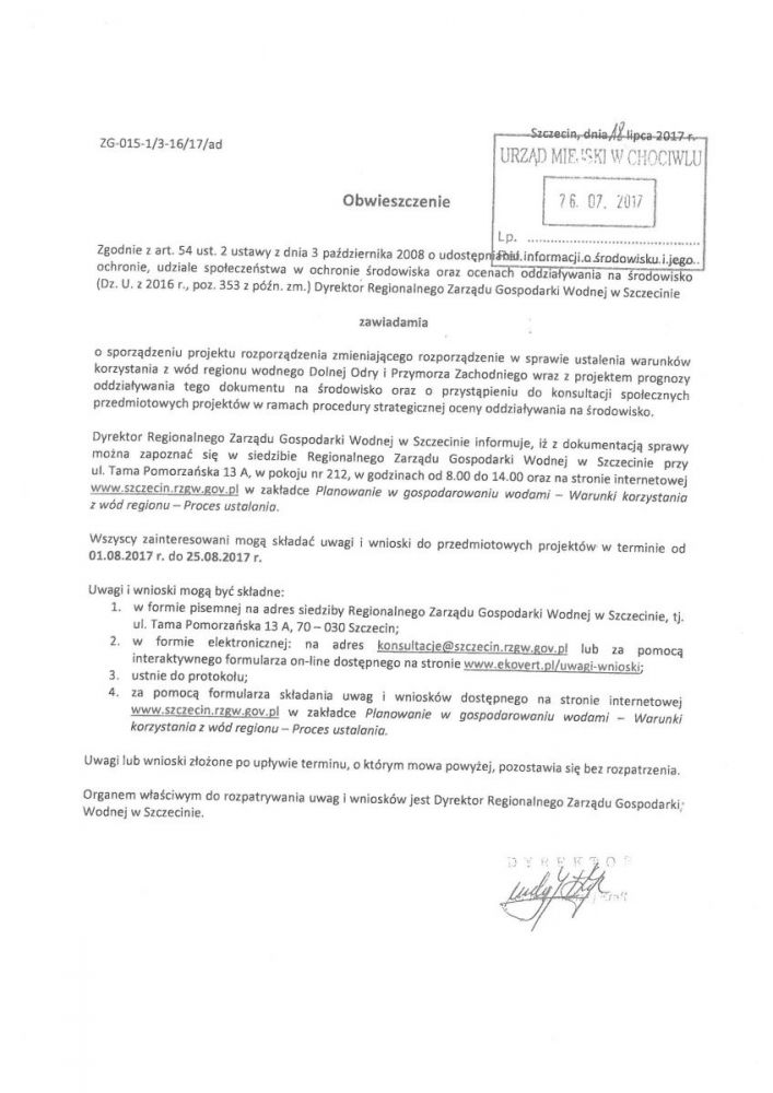 Obwieszczenie Dyrektora Regionalnego Zarządu Gospodarki Wodnej w Szczecinie