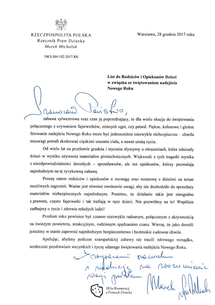  ​List Rzecznika Praw Dziecka w sprawie używania materiałów pirotechnicznych