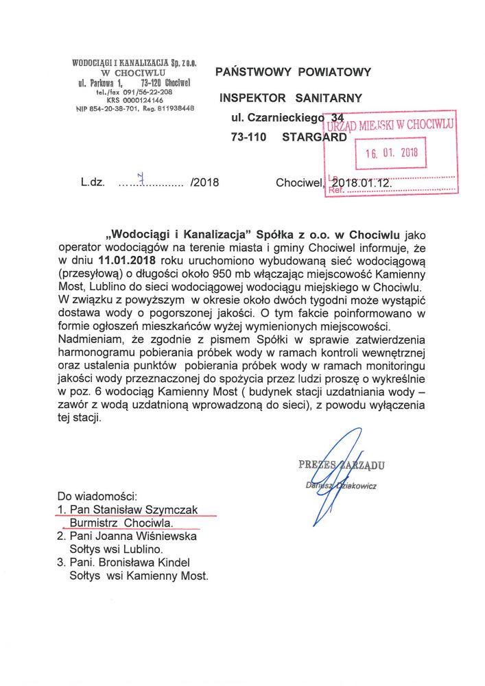 Informacja w sprawie jakości wody w sołectwie Kamienny Most, Lublino.