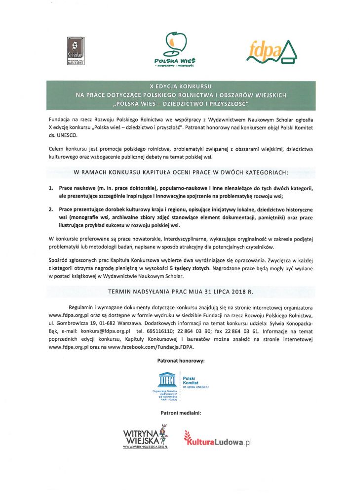 X Edycja konkursu ,,Polska wieś-dziedzictwo i przyszłość".
