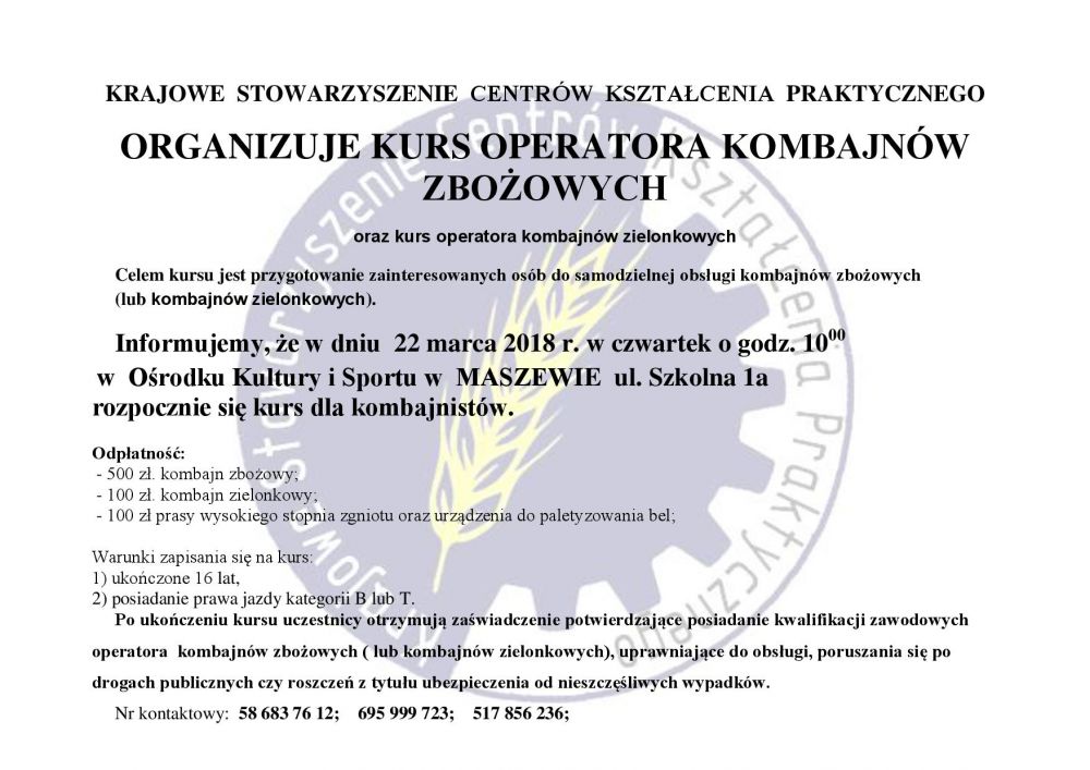 Kurs na operatora kombajnów zbożowych
