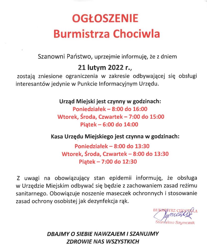 Ogłoszenie Burmistrza Chociwla