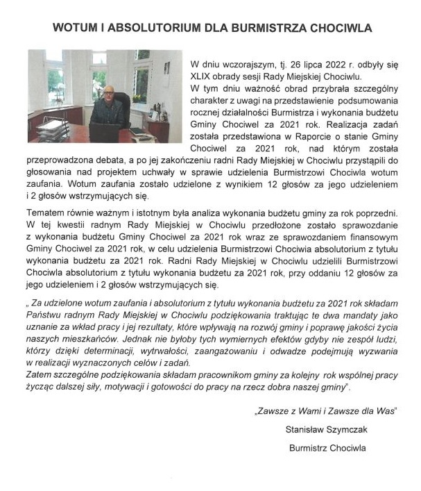 Wotum i absolutorium dla Burmistrza Chociwla