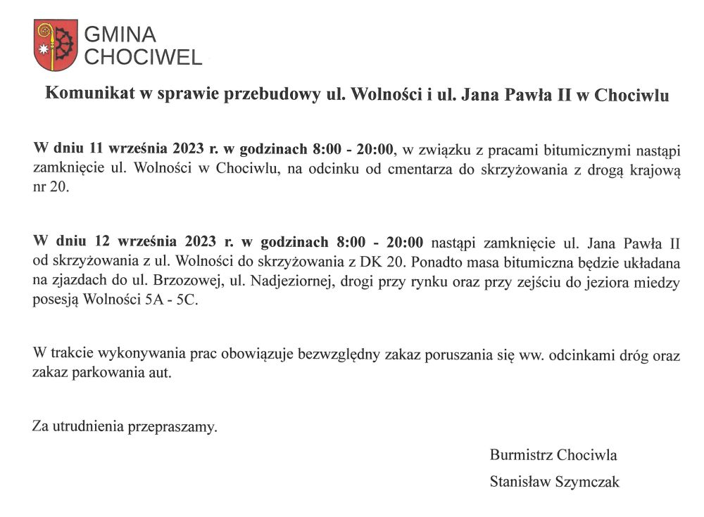 Komunikat w sprawie przebudowy ul. Wolności