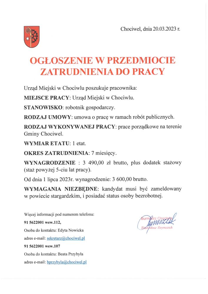 Ogłoszenie w przedmiocie zatrudnienia do pracy