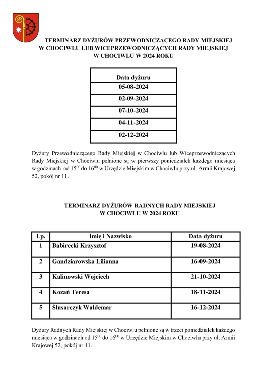 Harmonogram dyżurów Przewodniczącego i Radnych Rady Miejskiej w Chociwlu