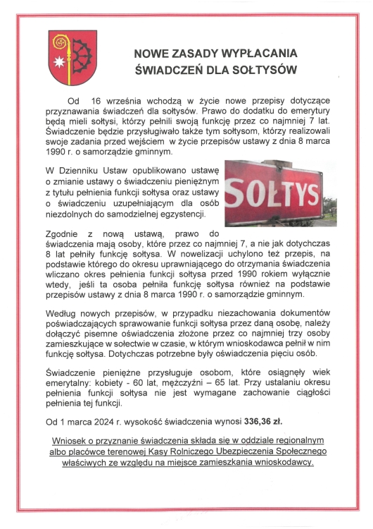 Nowe zasady wypłacania świadczeń dla Sołtysów