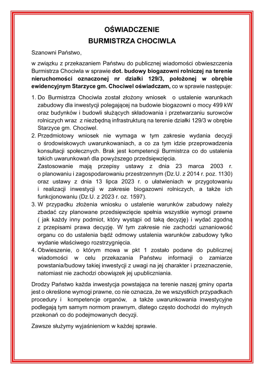 Oświadczenie Burmistrza Chociwla w sprawie biogazowni