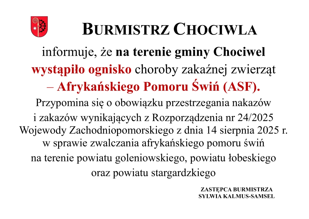Przypadek ASF w Gminie Chociwel