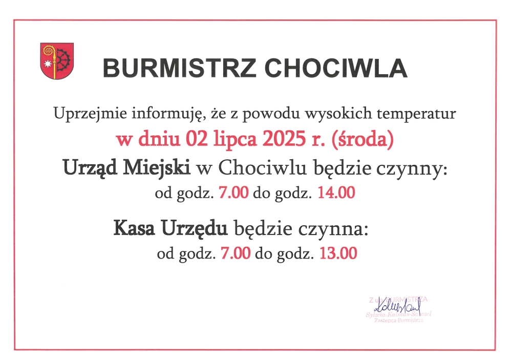 Zmiana godzin pracy Urzędu Miejskiego w dniu 02.07.2025 roku