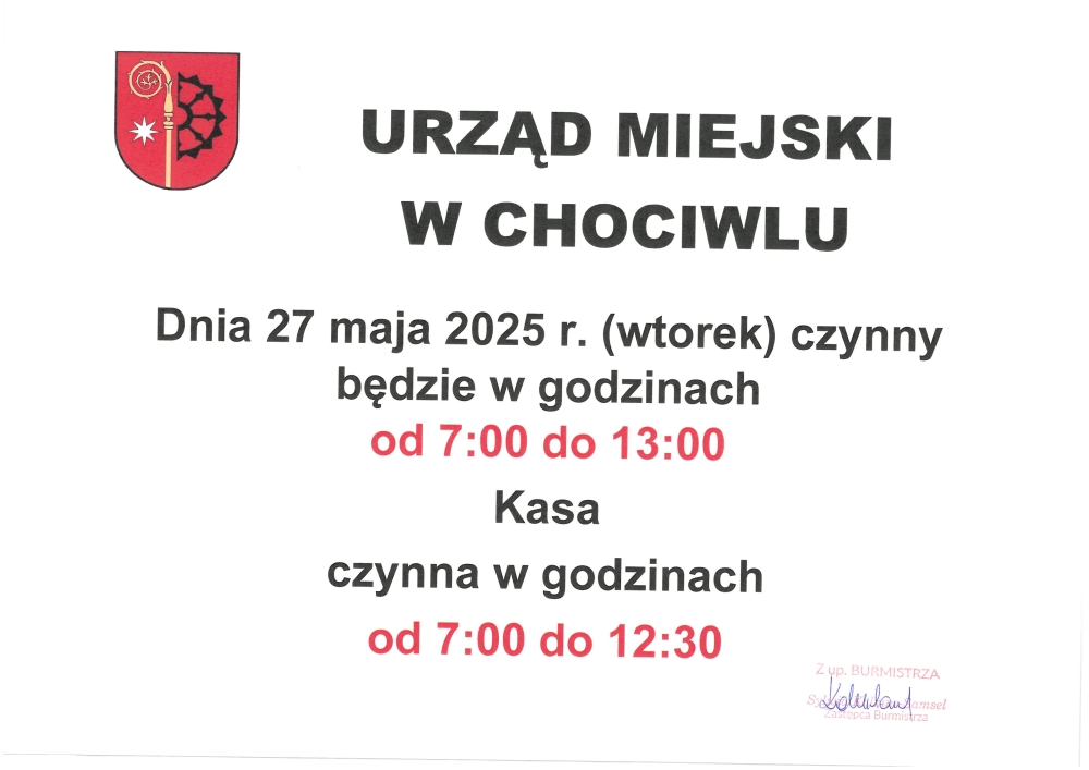 Komunikat Burmistrza Chociwla w sprawie skrócenia czasu pracy pracownikom Urzędu Miejskiego w Chociwlu