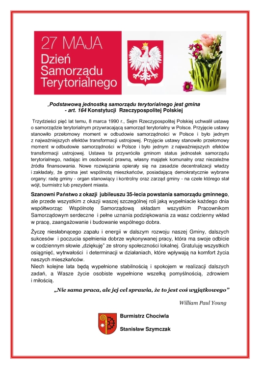 Życzenia Burmistrza Chociwla z okazji Dnia Samorządu Terytorialnego