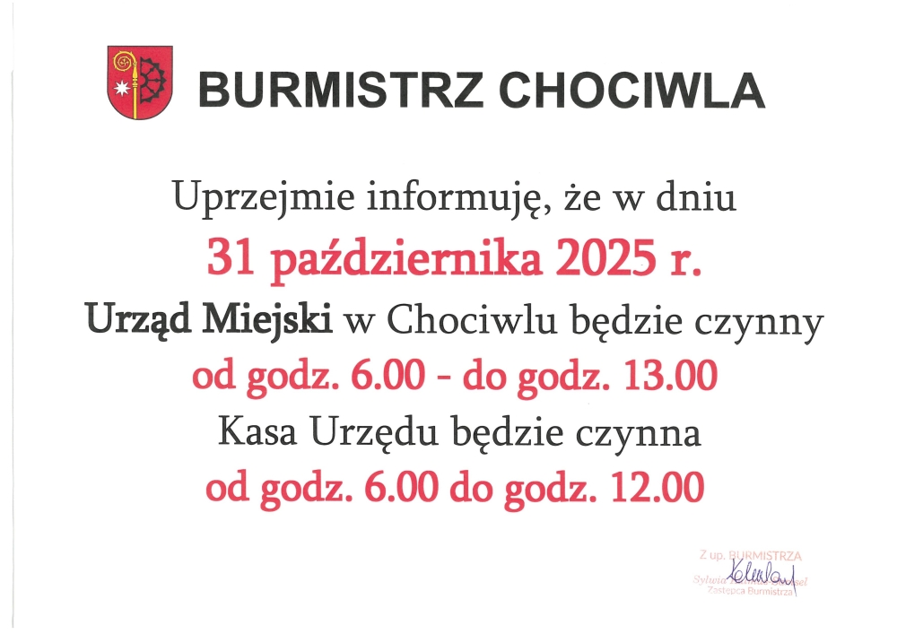 Godziny Pracy Urzędu MIejskiego w Chociwlu - 31.10.2025 roku
