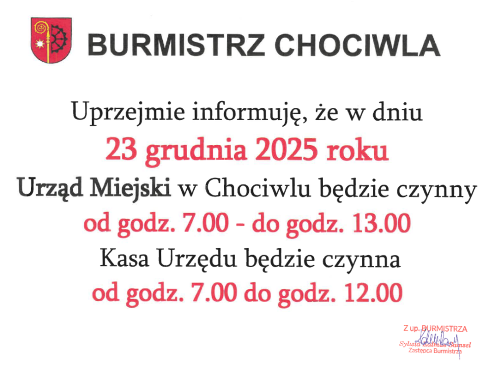 Godziny Pracy Urzędu MIejskiego w Chociwlu - 23.12.2025 roku