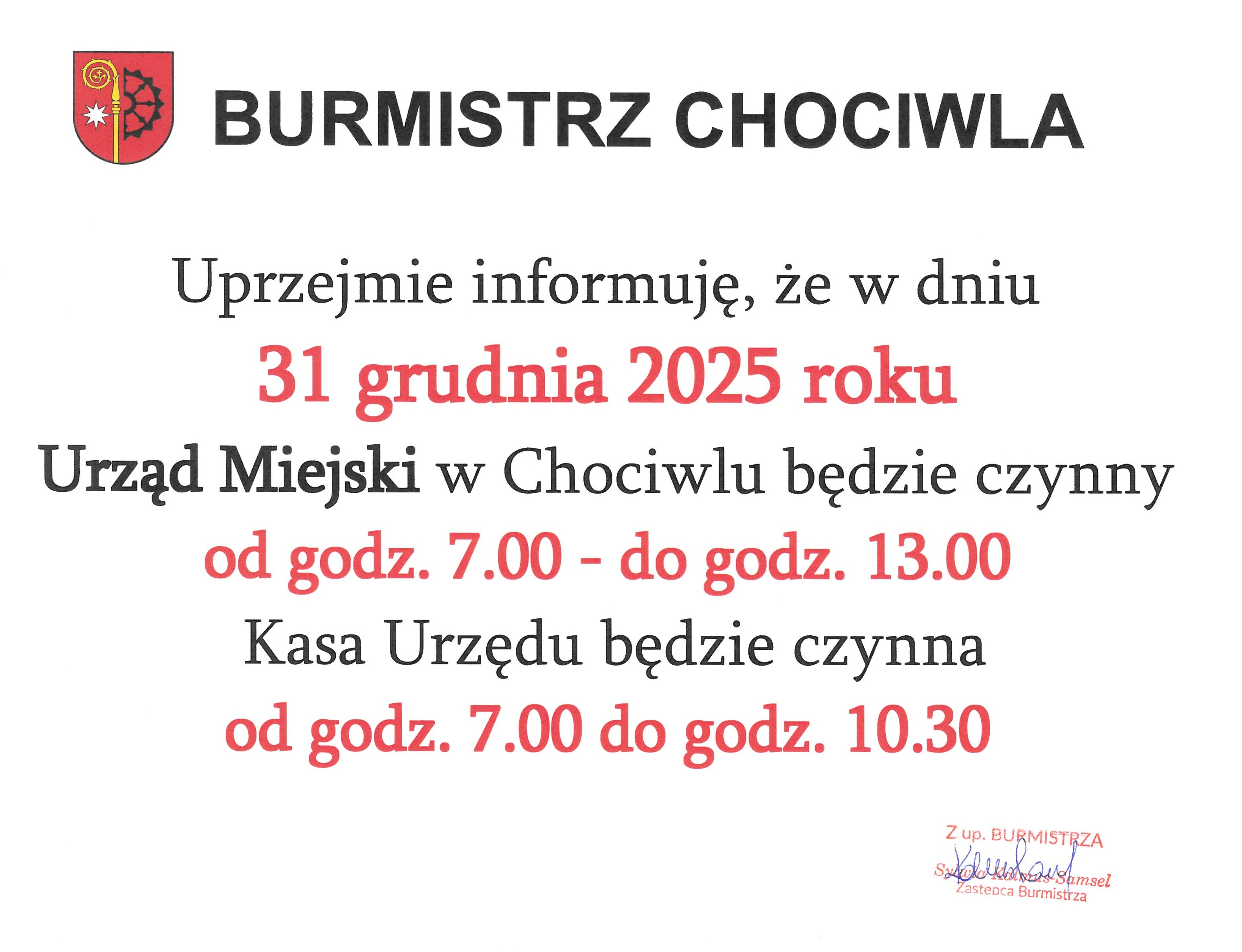 Godziny Pracy Urzędu Miejskiego w Chociwlu - 31.12.2025 roku